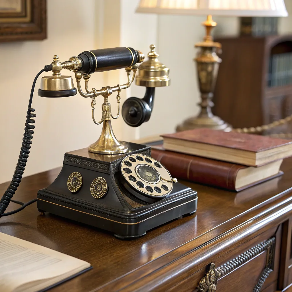 Close-up of a vintage telephone on an elegant desk